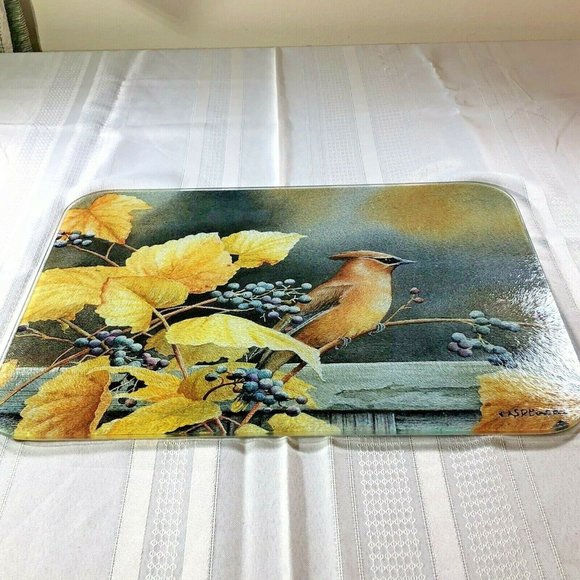 Cedar Waxwing Bird on Grapevine rectangle tempered glass cutting board 16" x 12" - Picture 6 of 9